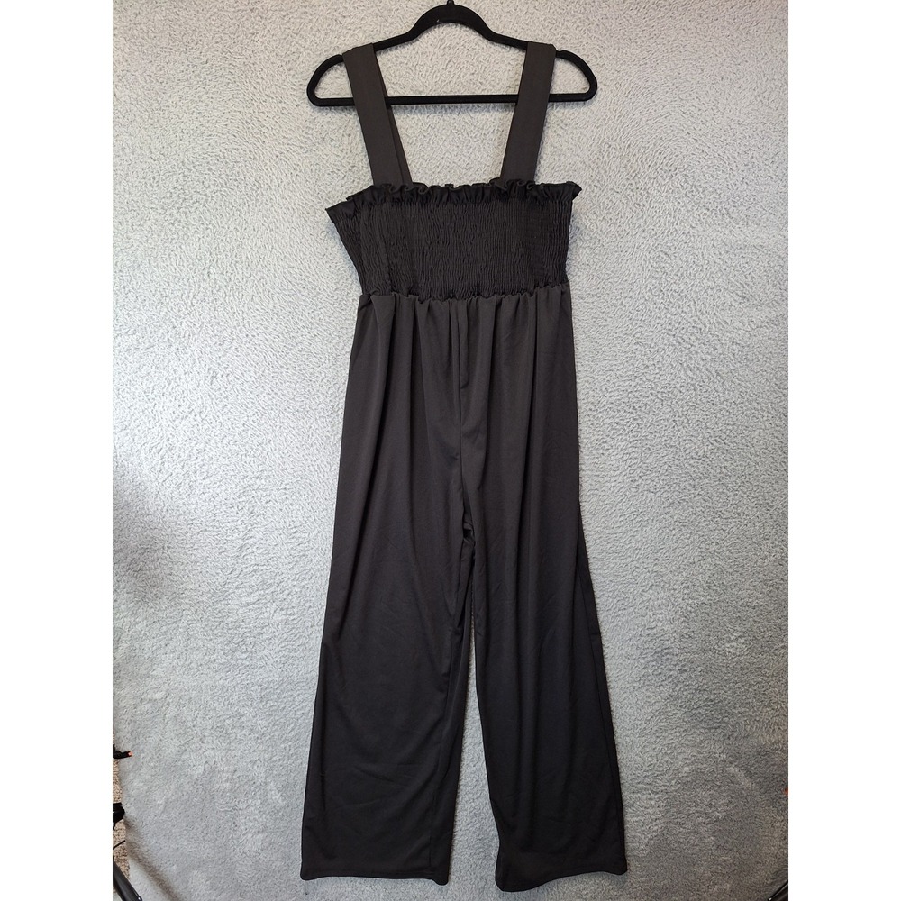 Womens Jumpsuit Large Black Smocked Bodice Boho‎ Summer Casual Loose Wide Strap